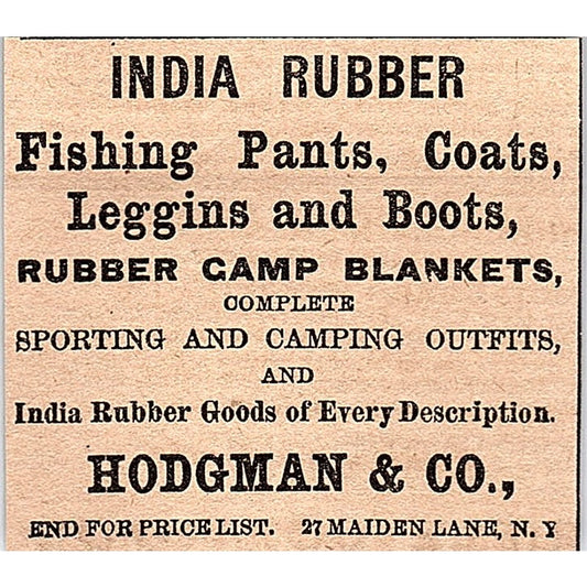 Hodgman & Co India Rubber Sporting Goods 27 Maiden Lane NY 1878 Ad AG2-M14