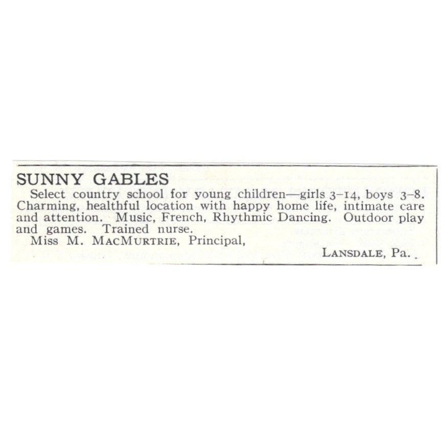 Sunny Gables Miss M. MacMurtrie Lansdale PA 1924 Magazine Ad AD8-O8