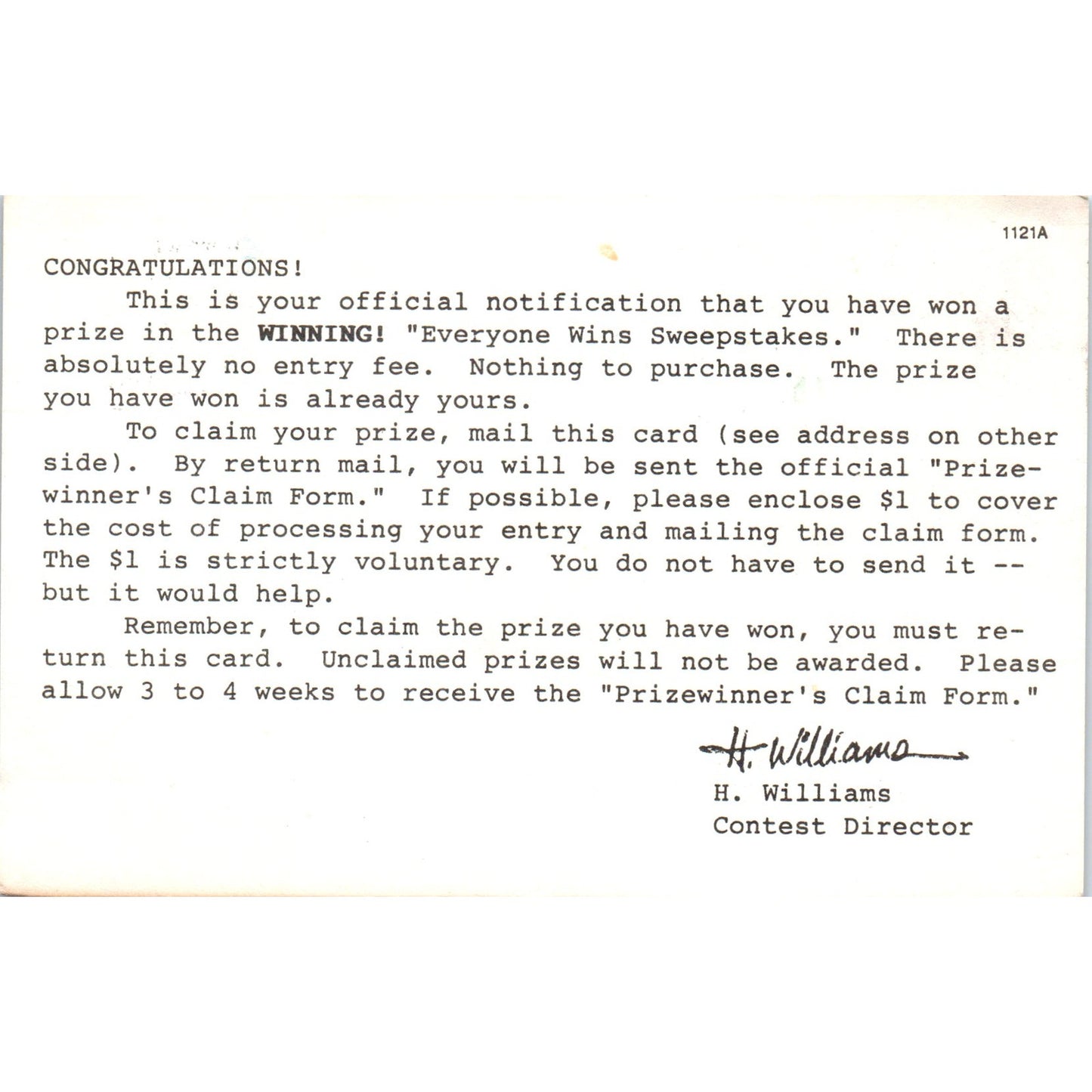 c1980s Winning Everyone Wins Sweepstakes Junk Mail Spam Ad Postal Card PD7