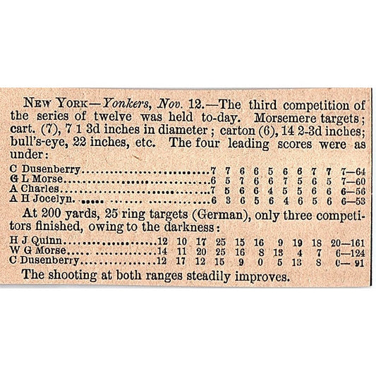 Yonkers NY Rifle Prize Shooting Event Results C. Dusenberry 1878 Article AG2-S15