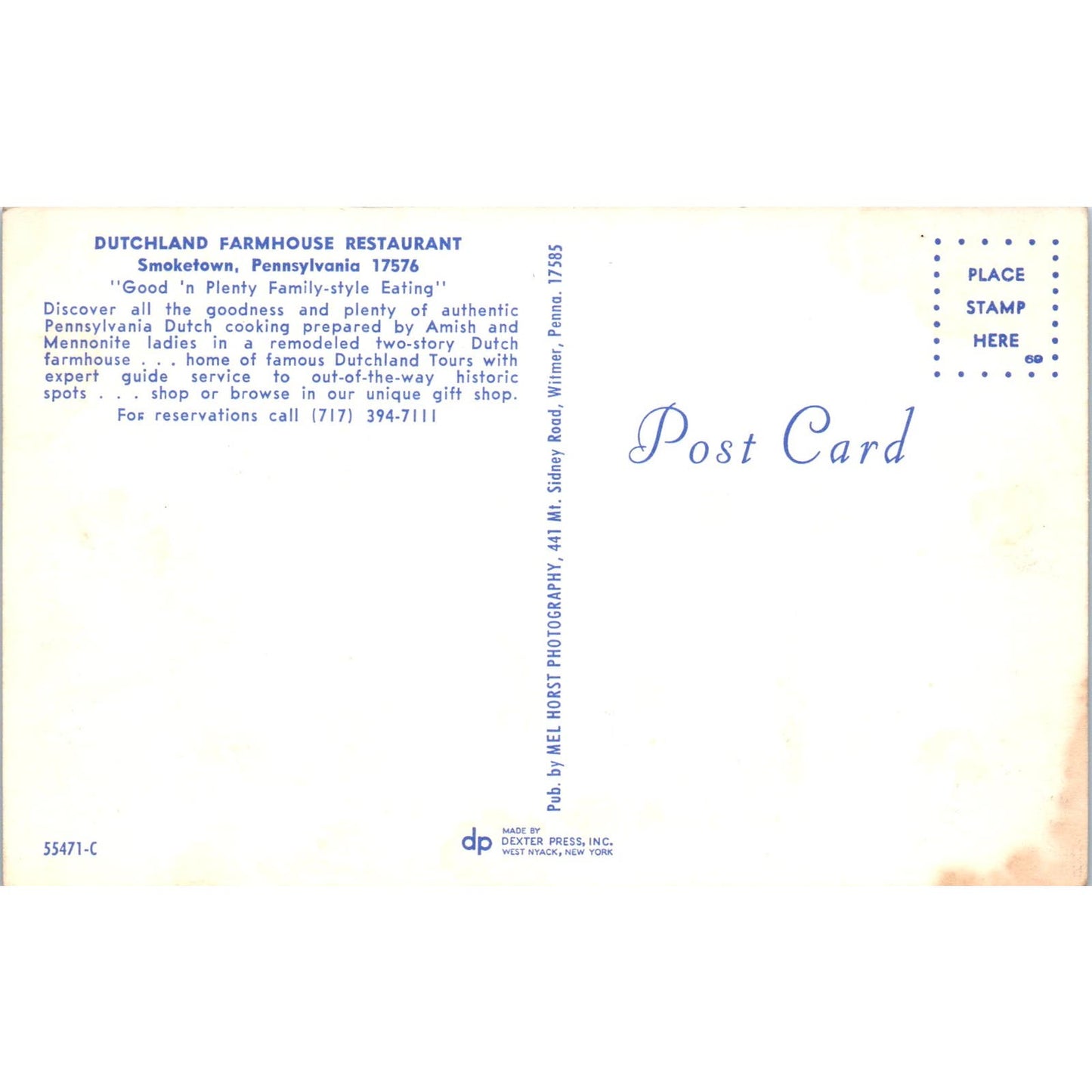 Dutchland Farmhouse Restaurant Smoketown PA Dutch Country Vintage Postcard PD5