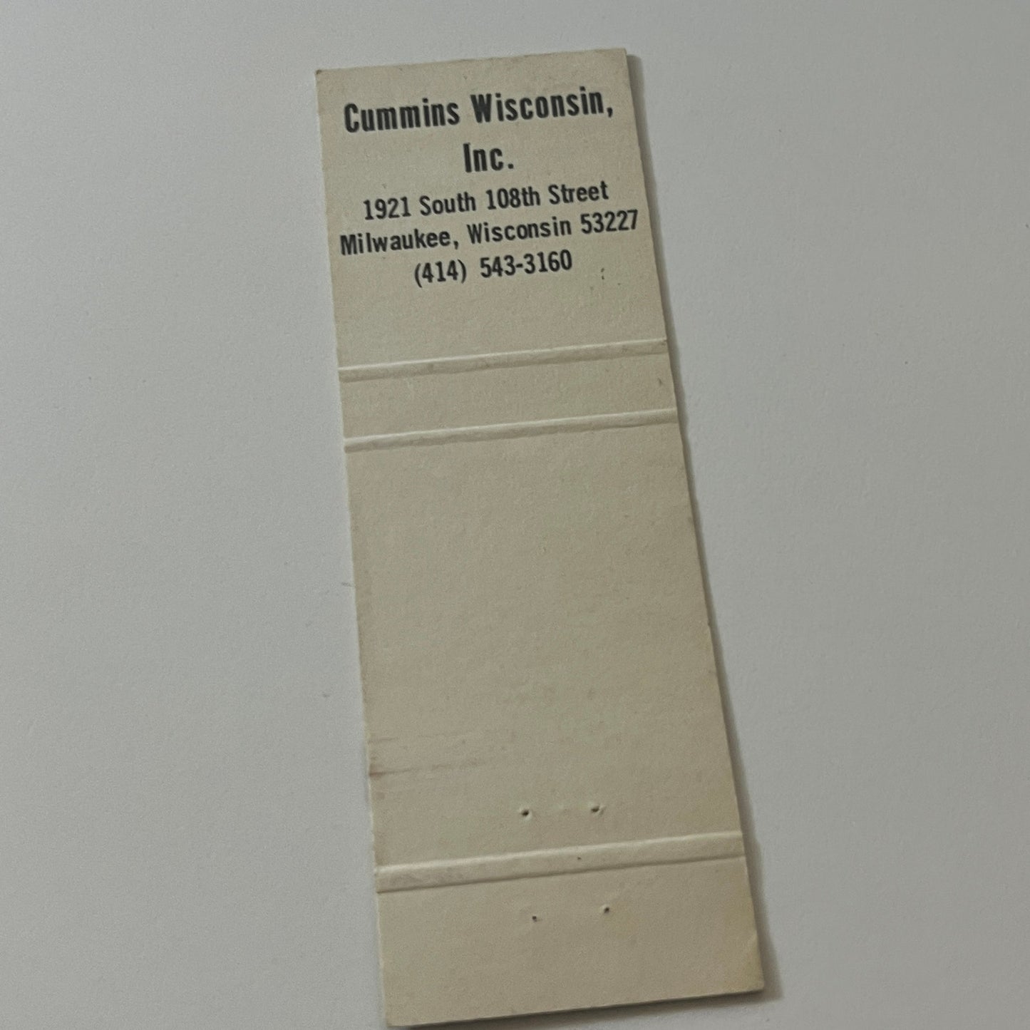 Cummins Wisconsin Inc Milwaukee Vintage Matchbook Cover TB6-MB2-5