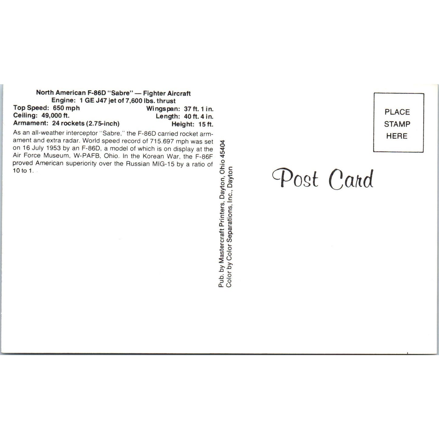 North American F-86D Sabre Fighter Aircraft Vintage Postcard TG8-PC