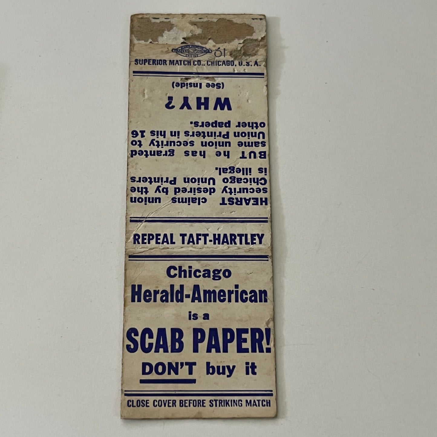 Chicago Herald-American Scab Paper Repeal Taft-Hartley Vtg Matchbook Cover MB8-6
