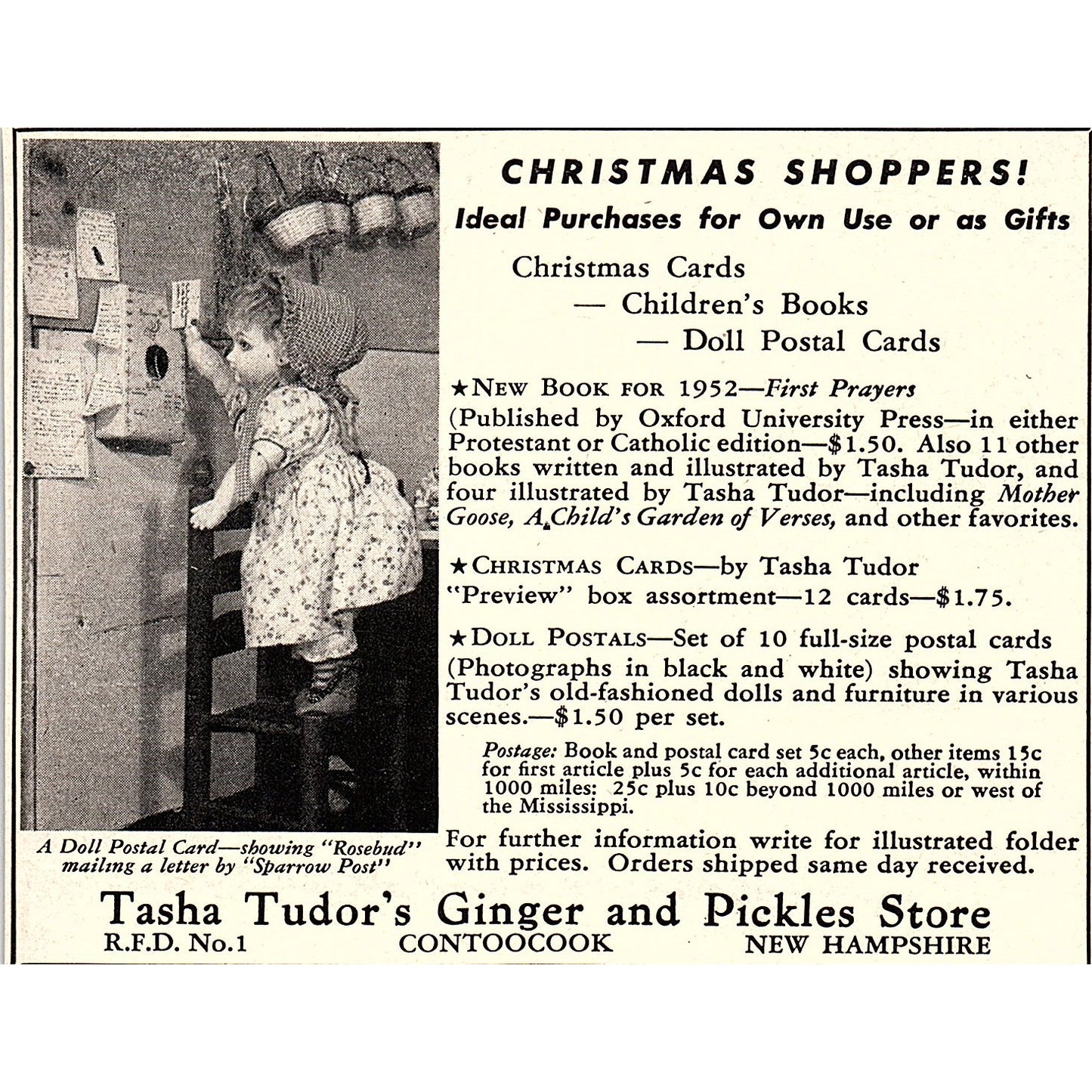 Tasha Tudor's Ginger Pickles Store Contoocook NH 1952 Yankee Magazine Ad SAG5-H8