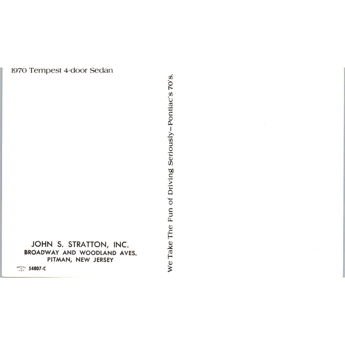 1970 Pontiac Tempest 4-Door Sedan John S. Stratton Pitman NJ Postcard PC11
