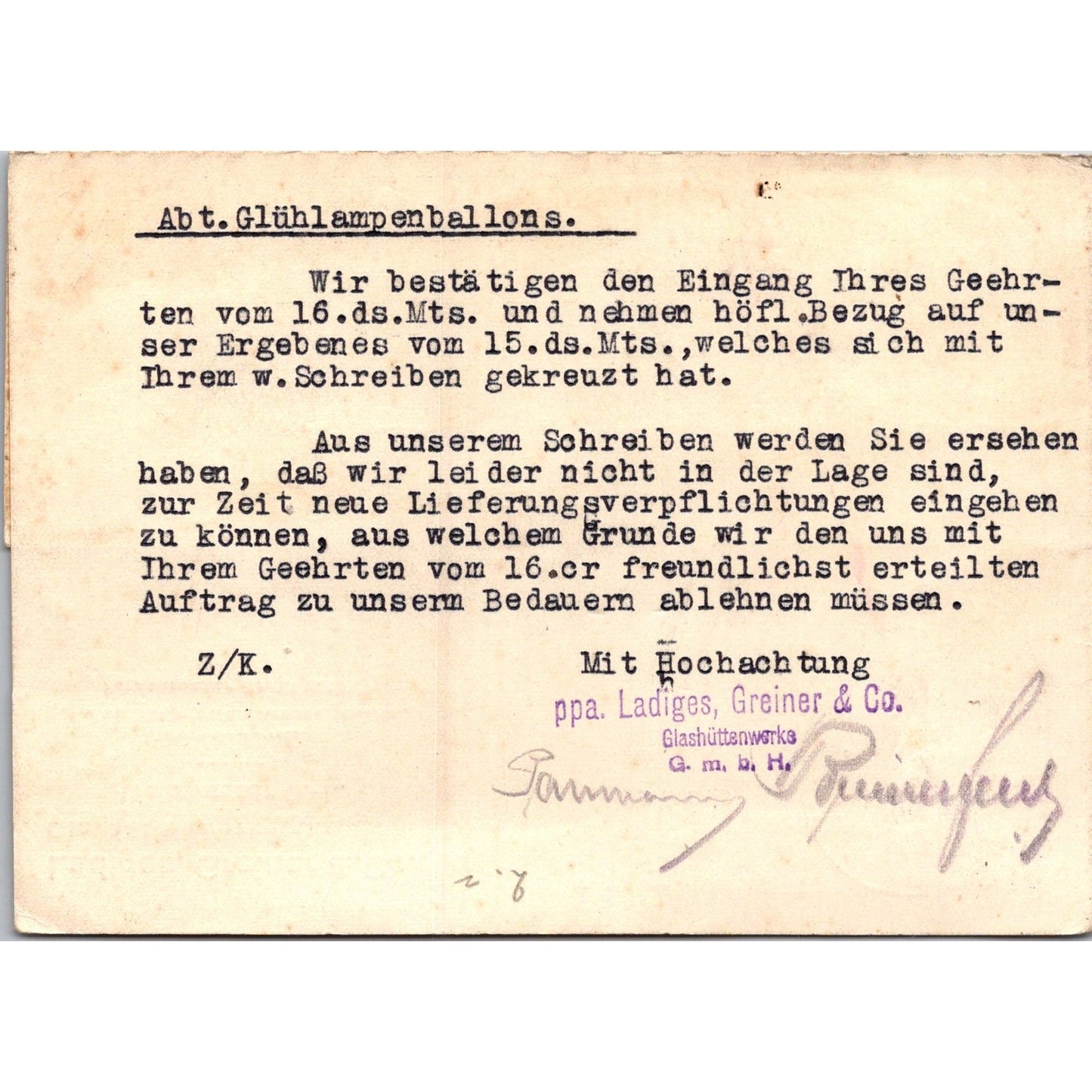 Ladiges, Greiner & Co Weißwasser O.L. 1928 German Reich Postcard TE2-GRP