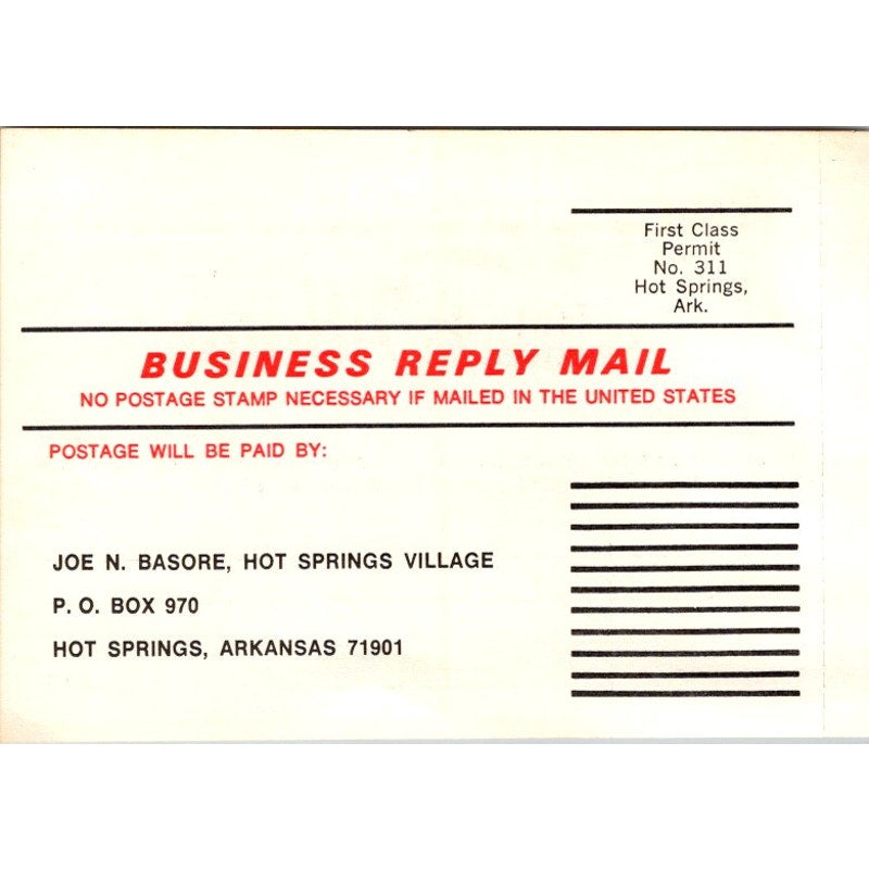 Hot Springs Village Joe. N Basore Arkansas Vintage Postal Mailing Card AI9-M27