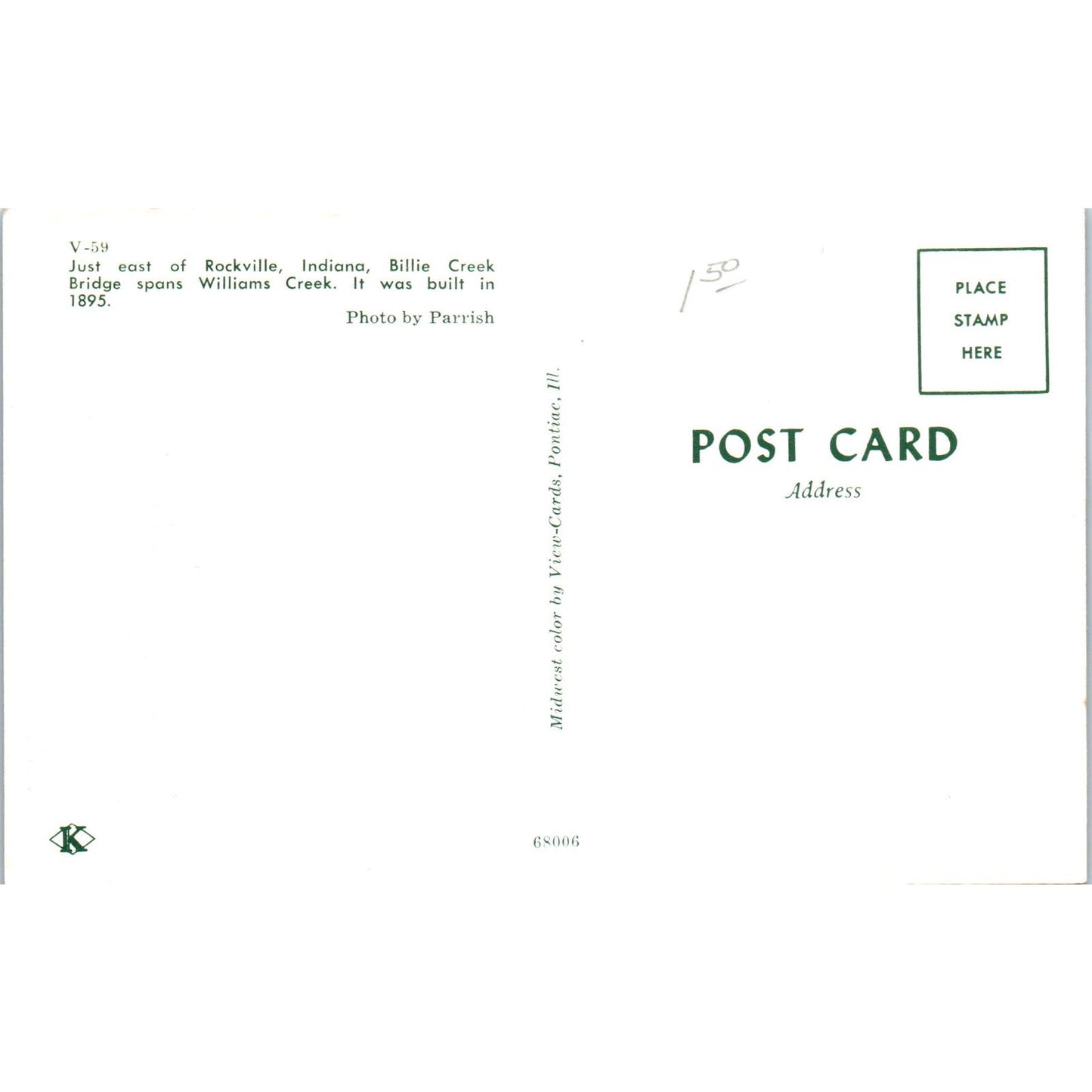 Billie Creek Bridge Williams Creek Rockville Indiana Covered Bridge Postcard PC8