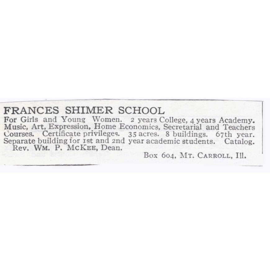 Frances Shimer School for Girls Mt. Carroll IL c1918 Advertisement AE5-SA4