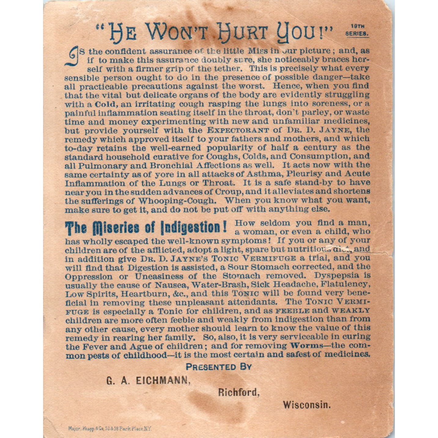 Girl With Bloodhound GA Eichman Richford WI c1880 Victorian Trade Card AE2