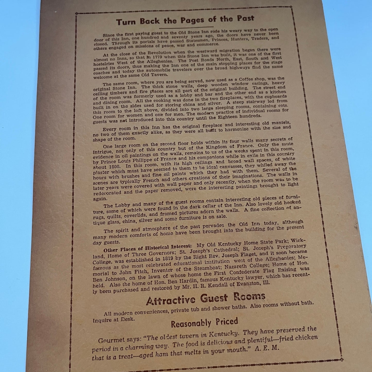 Old Talbott Tavern Bardstown KY B.F Stillwell 1953 Large Brochure AG8-7