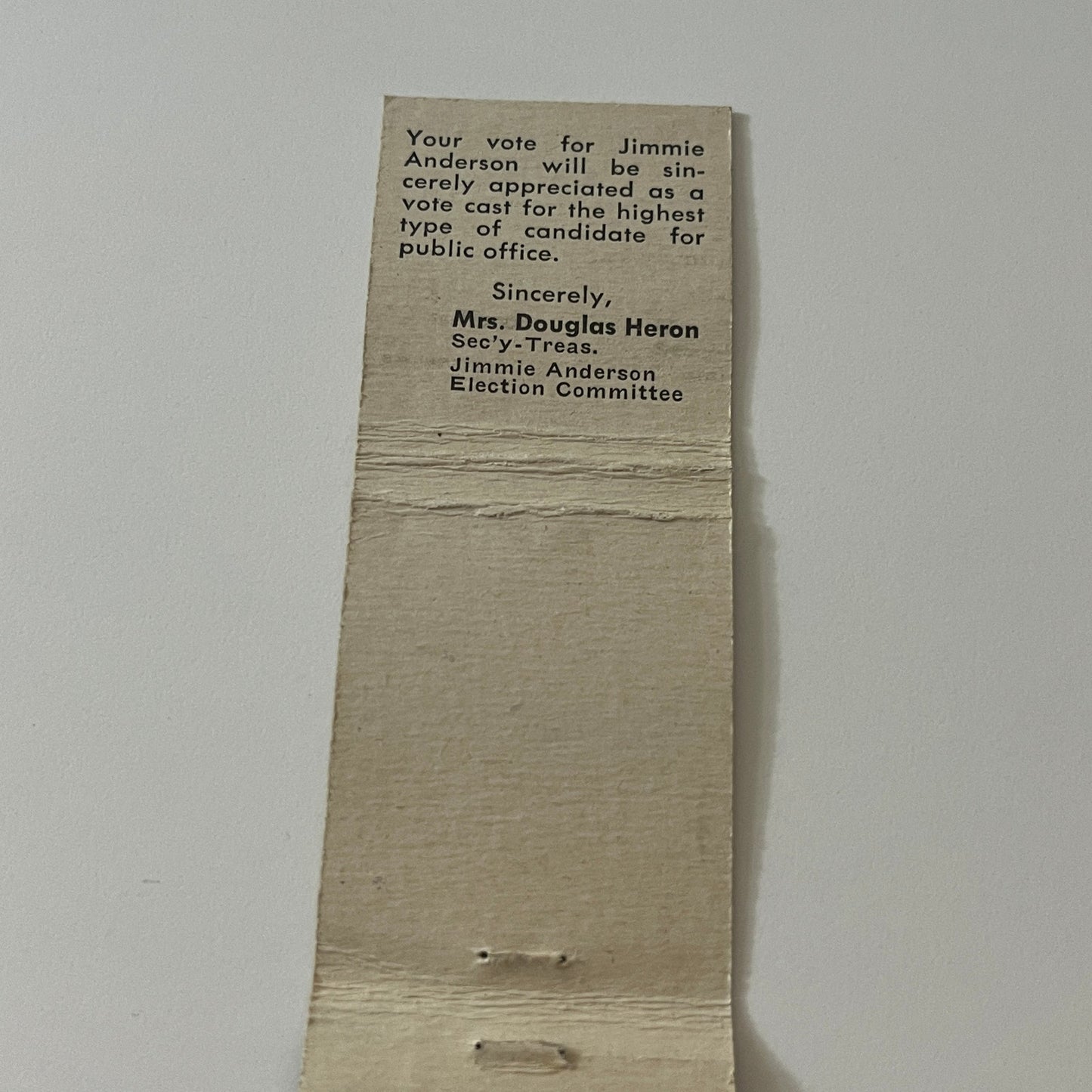 Elect Jimmie Anderson Tax Collector Treasurer Vintage Matchbook Cover TB6-MB2-5