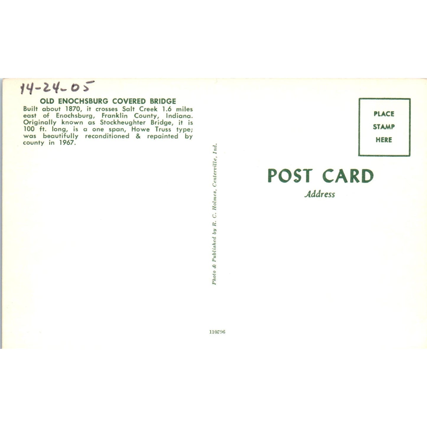 Franklin County Indiana Old Enochsburg Covered Bridge Postcard PB10