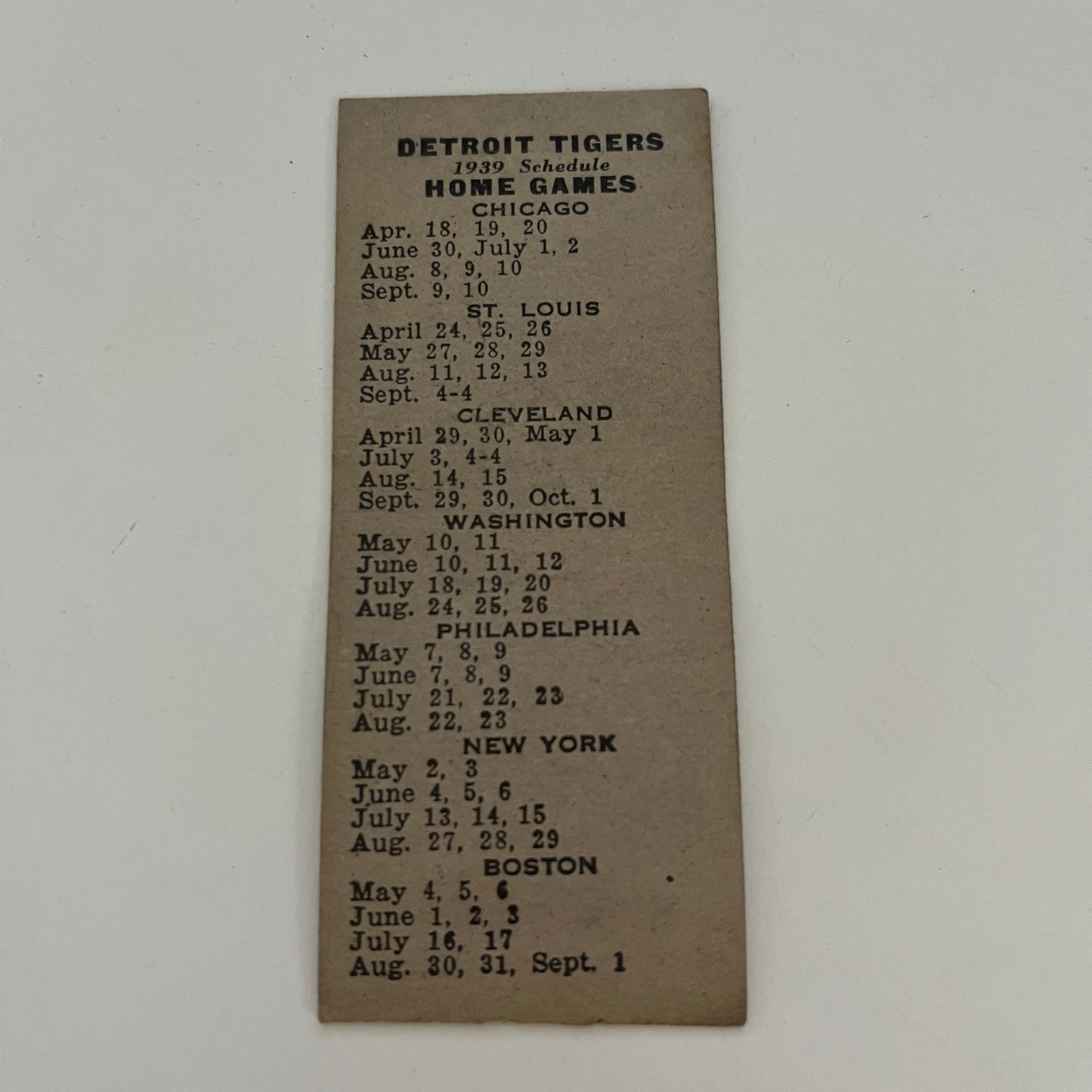 Mike's Coney Island MI 1939 Detroit Tigers Schedule Matchbook Cover MB68-3