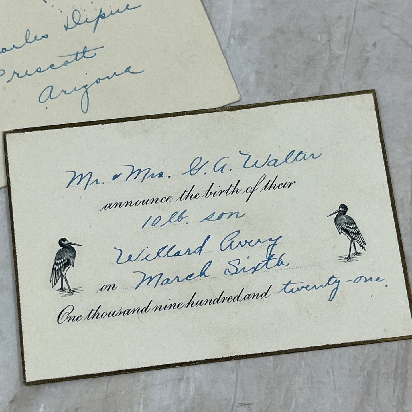 1921 Birth Announcement Willard Avery Mr & Mrs. G. A. Walter TG9-E1