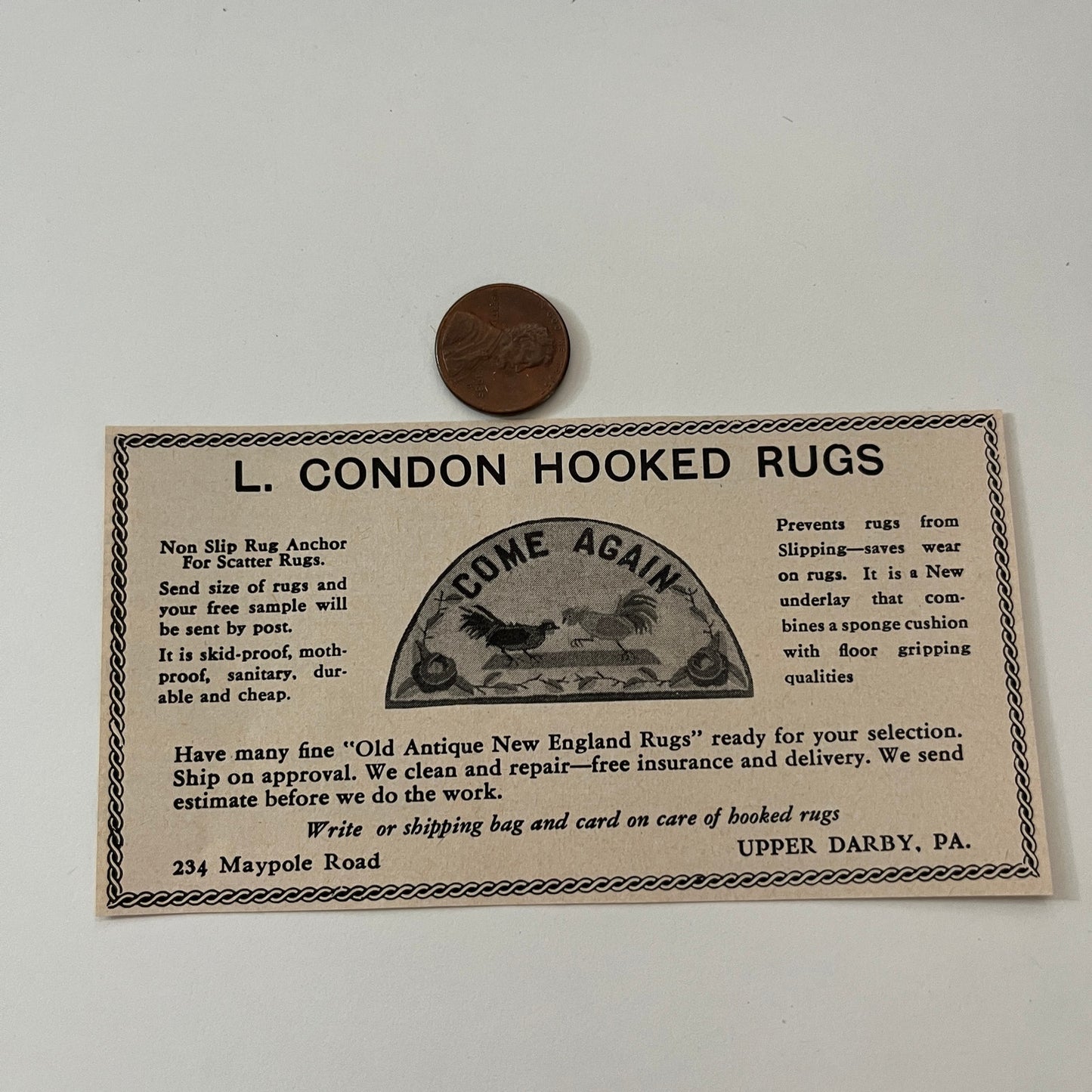 L. Condon Hooked Rugs Non Slip Rug Upper Darby PA 1952 Yankee Magazine Ad SAG5-H7