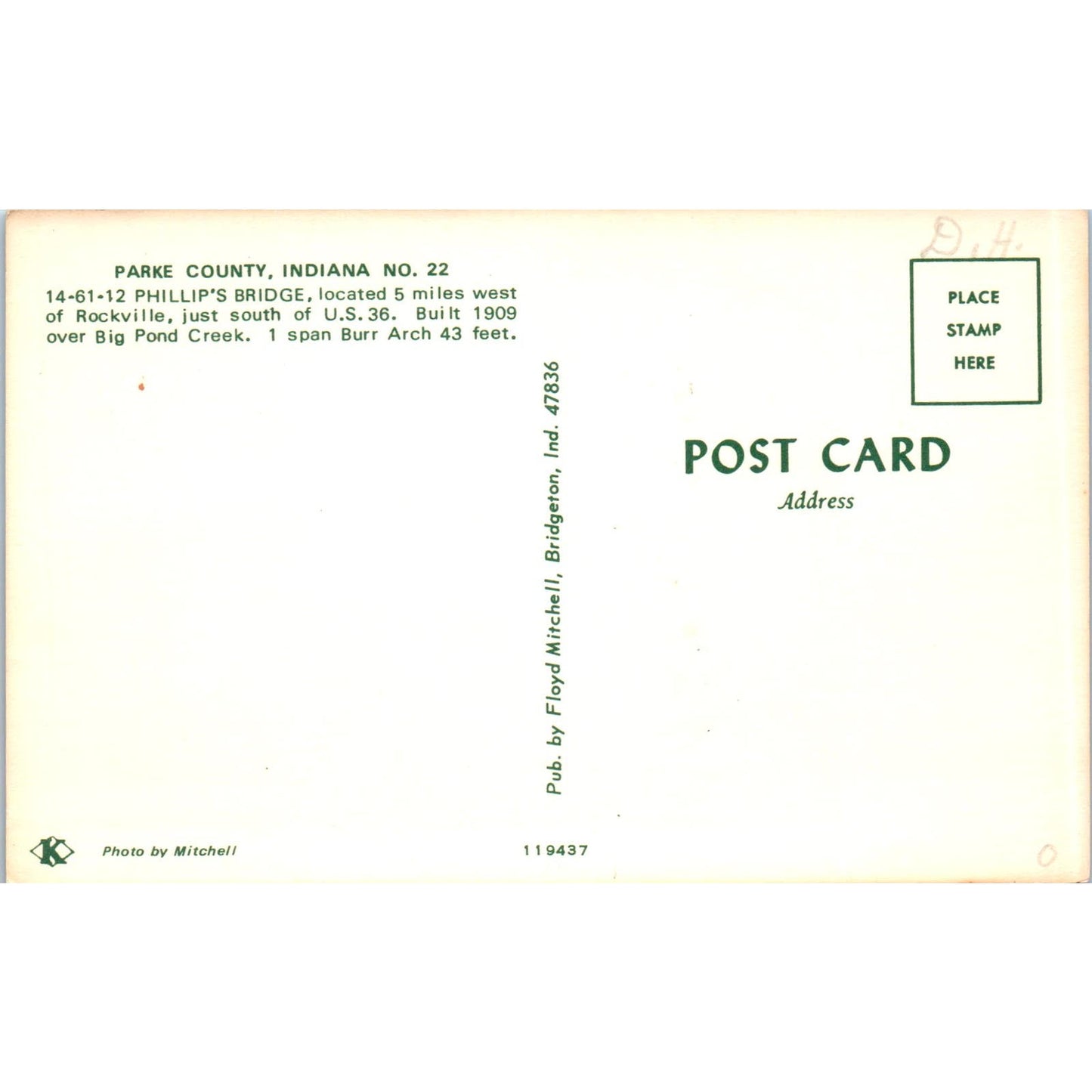 Phillips Bridge 14-61-1 Parke County IN 22 Vintage Covered Bridge Postcard PC14