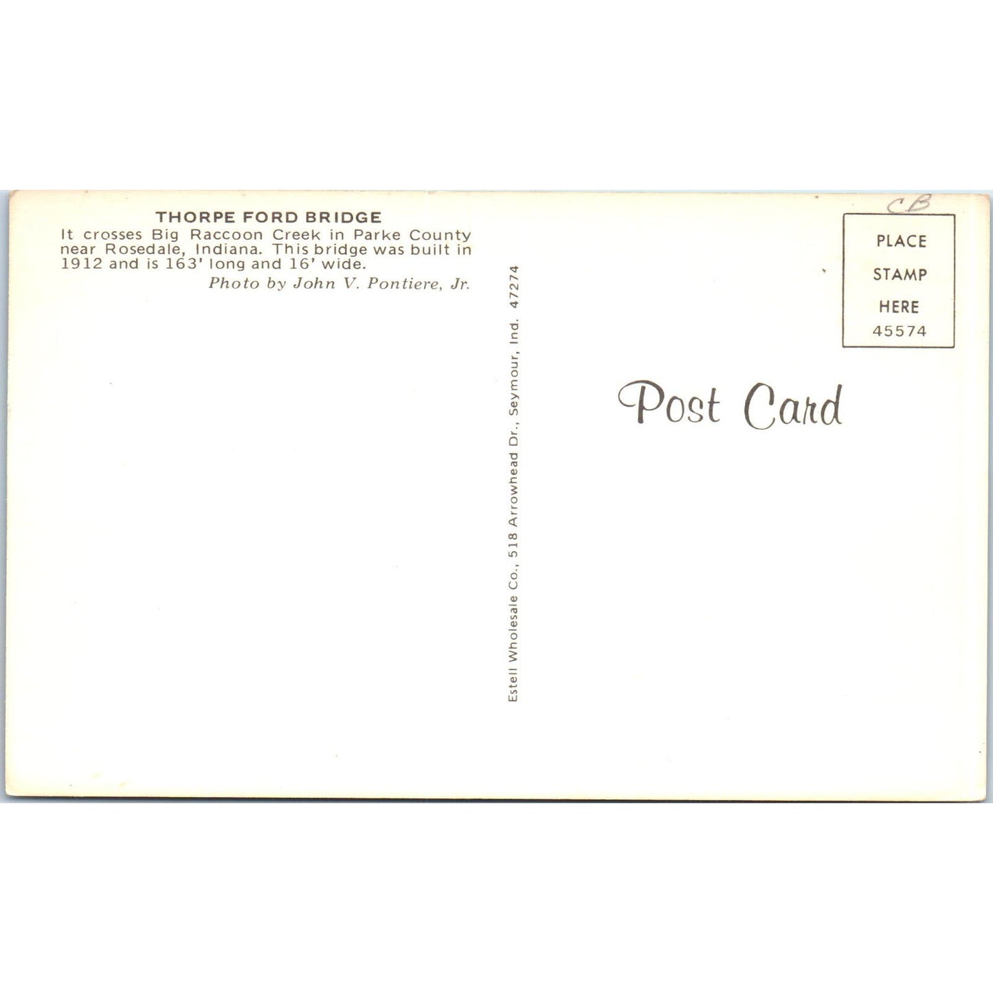 Thorpe Ford Bridge Big Raccoon Creek Parke County IN Covered Bridge Postcard PC8