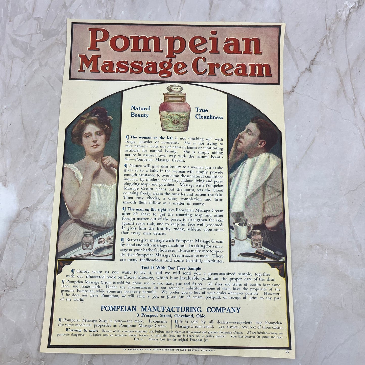 c1920 Pompeian Massage Cream Cleveland 10x13 Magazine Advertisement FL6-7