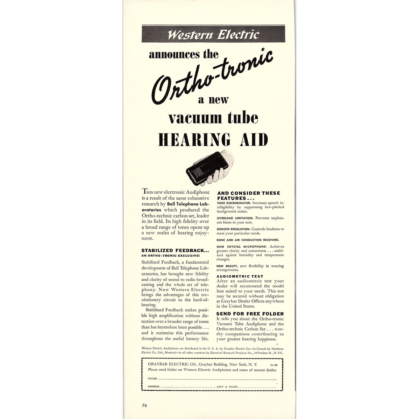 Graybar Electric Co Ortho-Tronic Vacuum Tube Hearing Device 1940 Ad V14-8