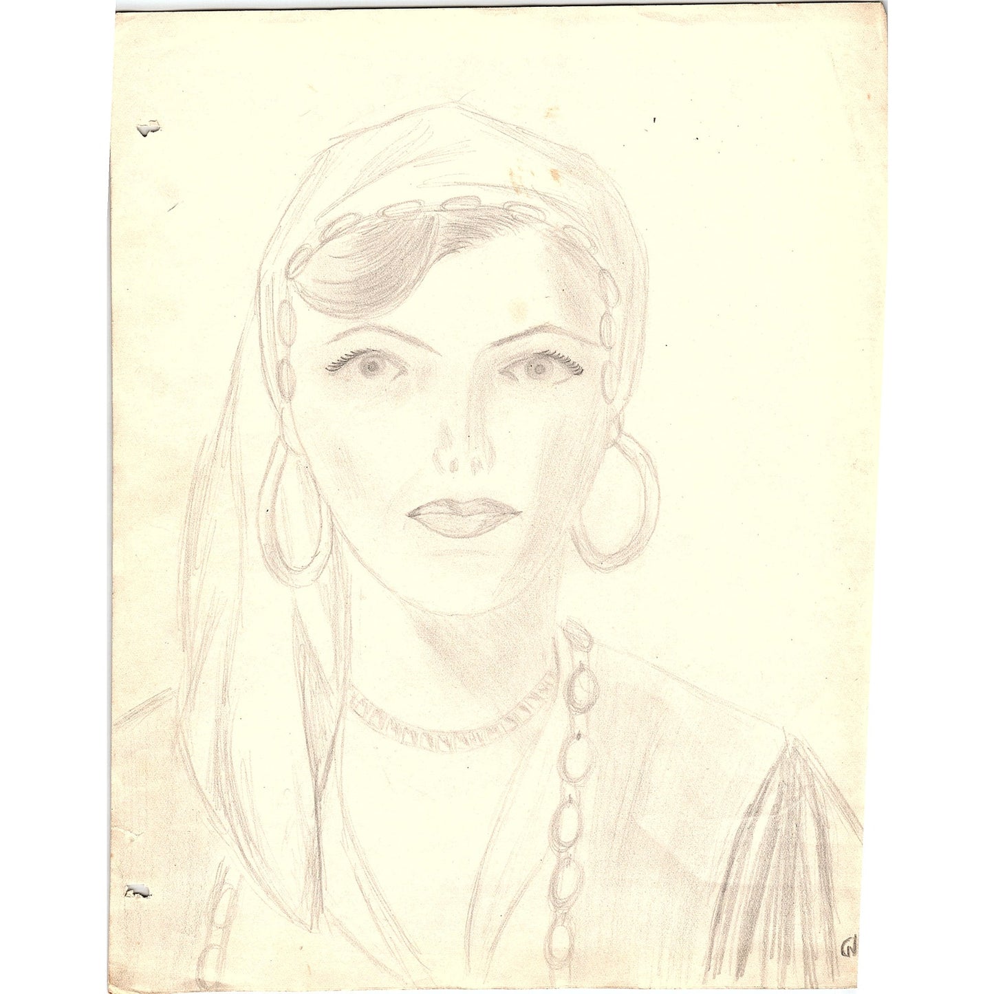 1940s Original Sketch Portrait of a Gypsy Woman Winifred Schutsky D26-12