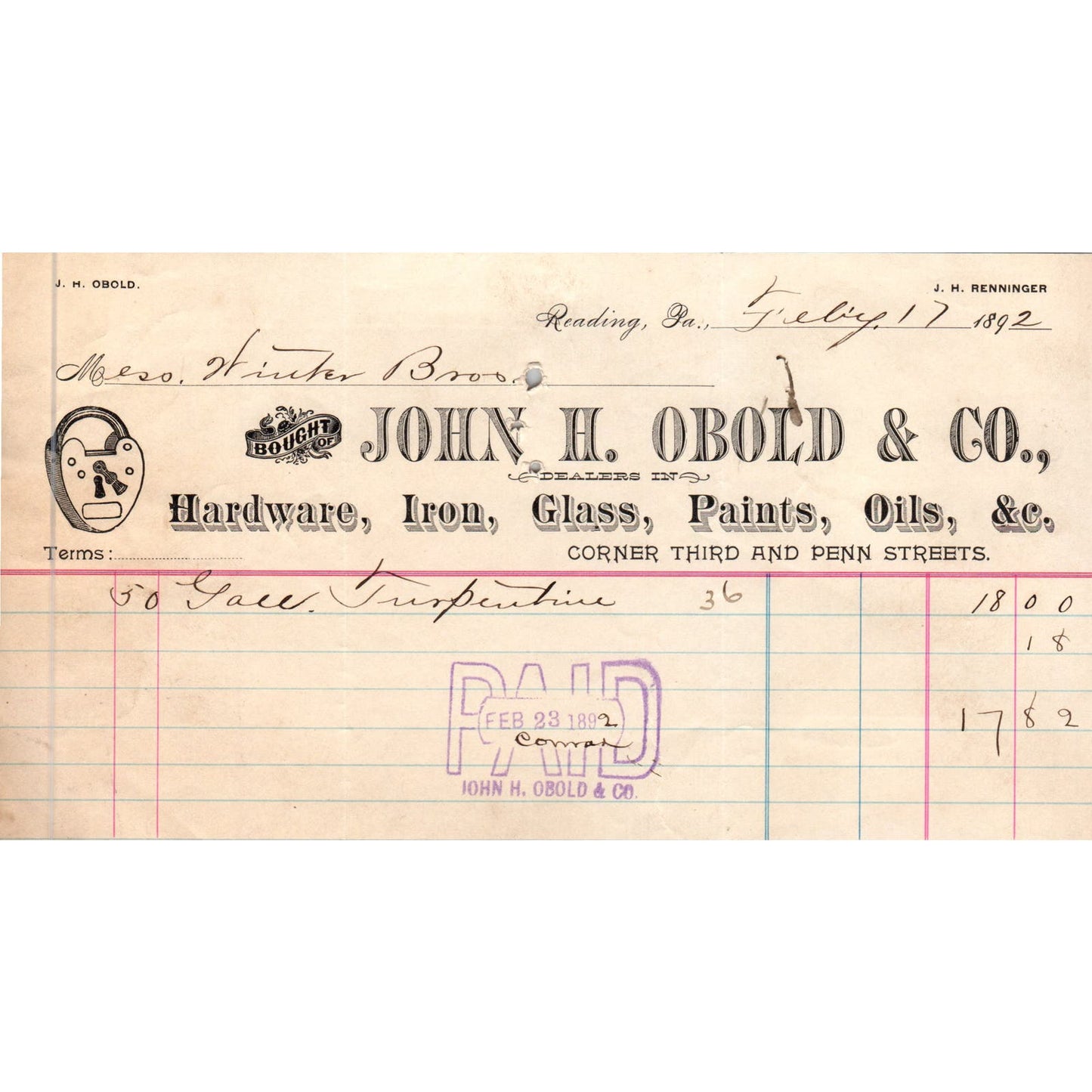 1892 John H. Obold & Co Hardware Reading PA Original Billhead Receipt AE7