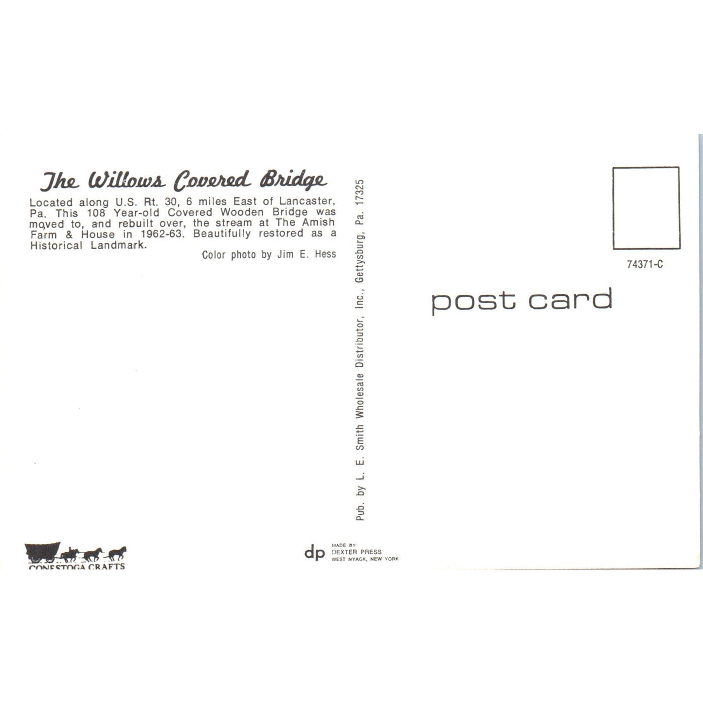 Williams Covered Bridge Lancaster PA Vintage Covered Bridge Postcard PD1