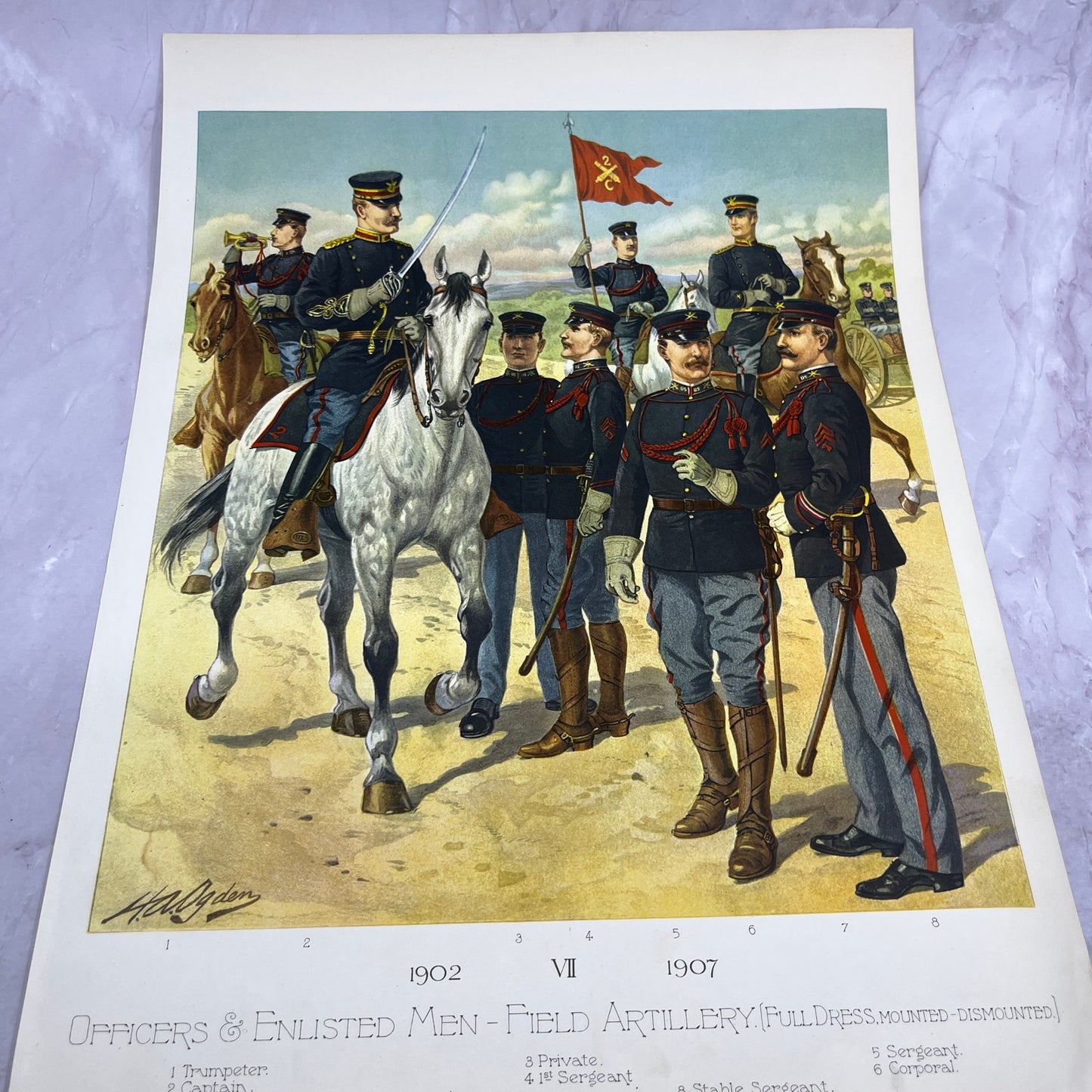 Officers & Enlisted Men Field Artillery c1910 H.A. Ogden Lithograph 12x16" V14-8