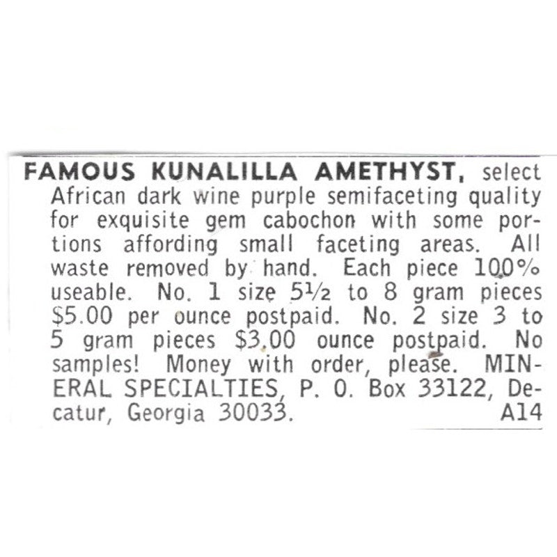 Mineral Specialties Kunalilla Amethyst Decatur Georgia 1972 Ad AF8-S17