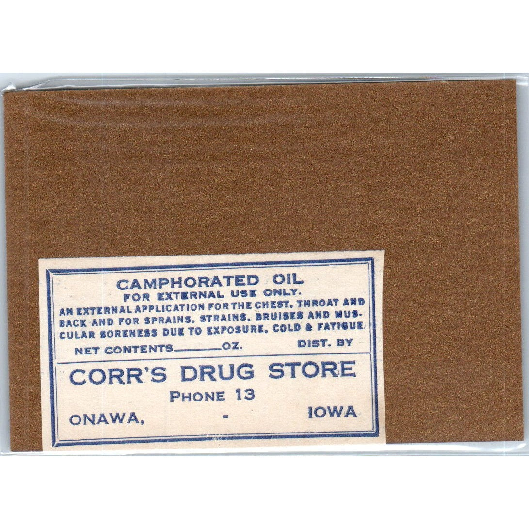 Corr's Drug Store Camphorated Oil Onawa Iowa Antique Apothecary Label TH2-AL