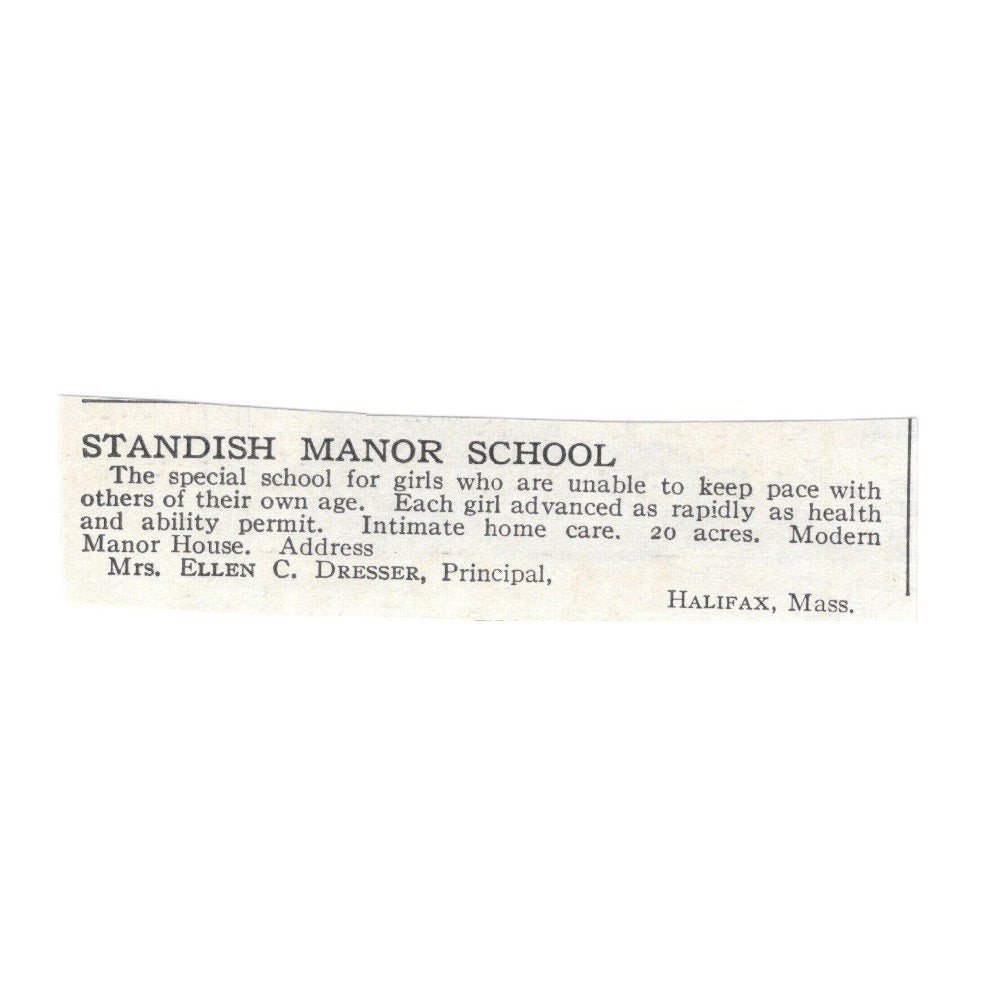 Standish Manor School Halifax MA Mrs. Ellen C. Dresser c1920 Harper's Ad AG4-S6