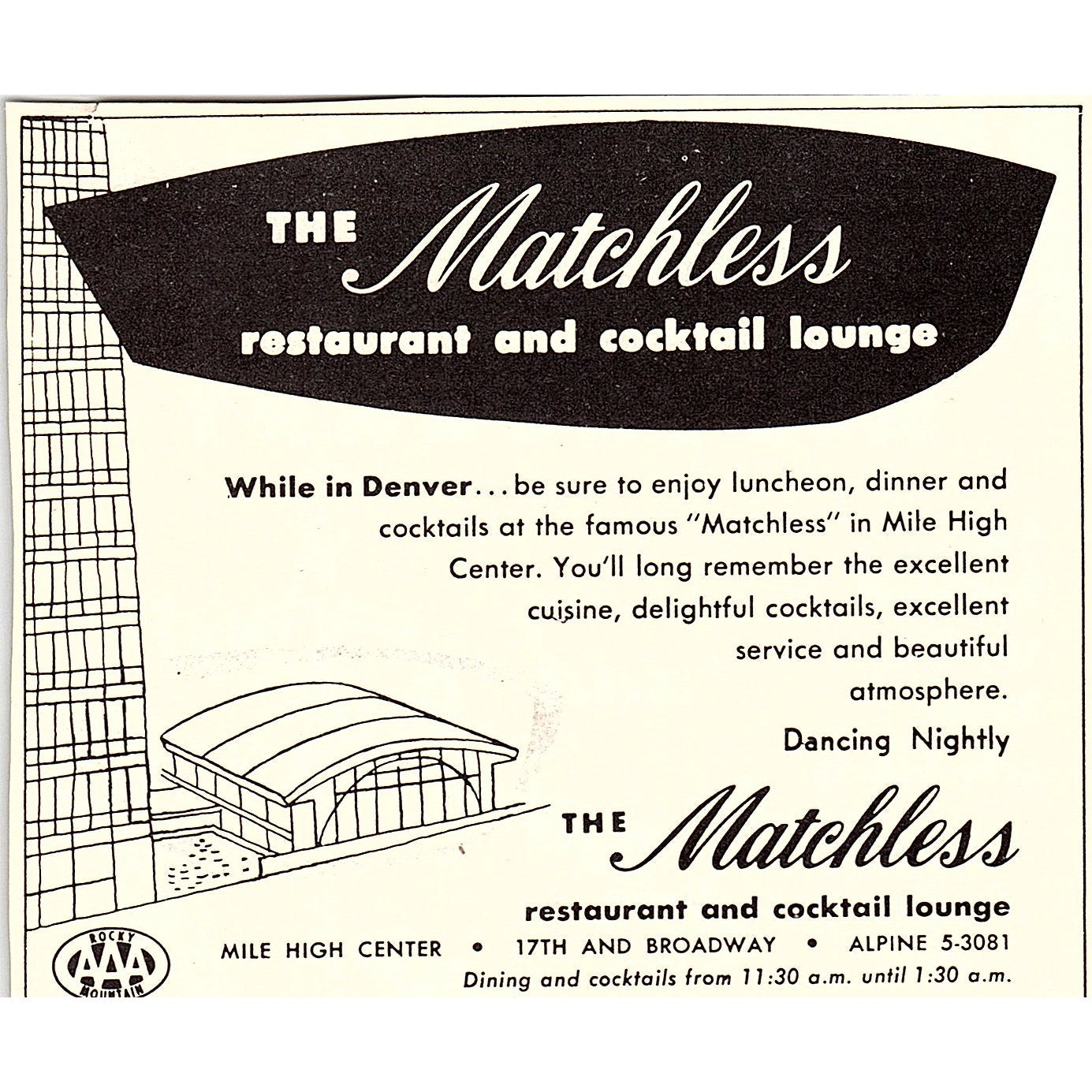 The Matchless Restaurant and Cocktail Lounge Denver CO 1958 Ad AG1-H3