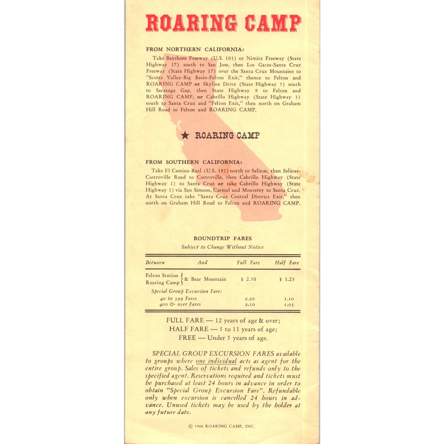 1966 Roaring Camp & Big Trees Narrow-Gauge Railroad Timetable Santa Cruz TH9-CB