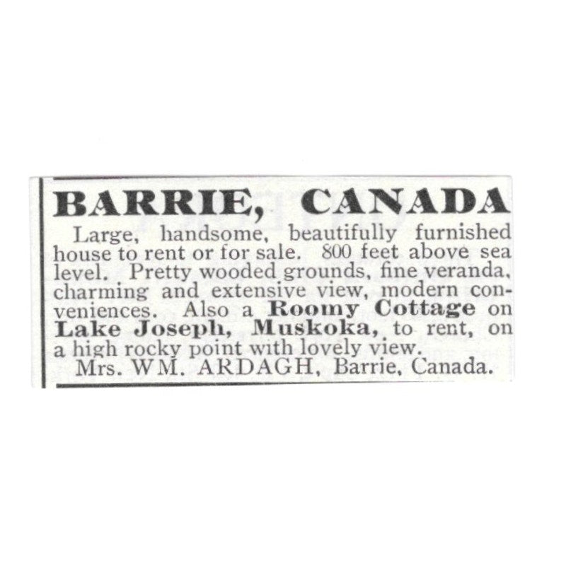 Barrie Canada Home Lake Joseph Muskoka Wm. Ardagh 1903 Magazine Ad AF7-SS3