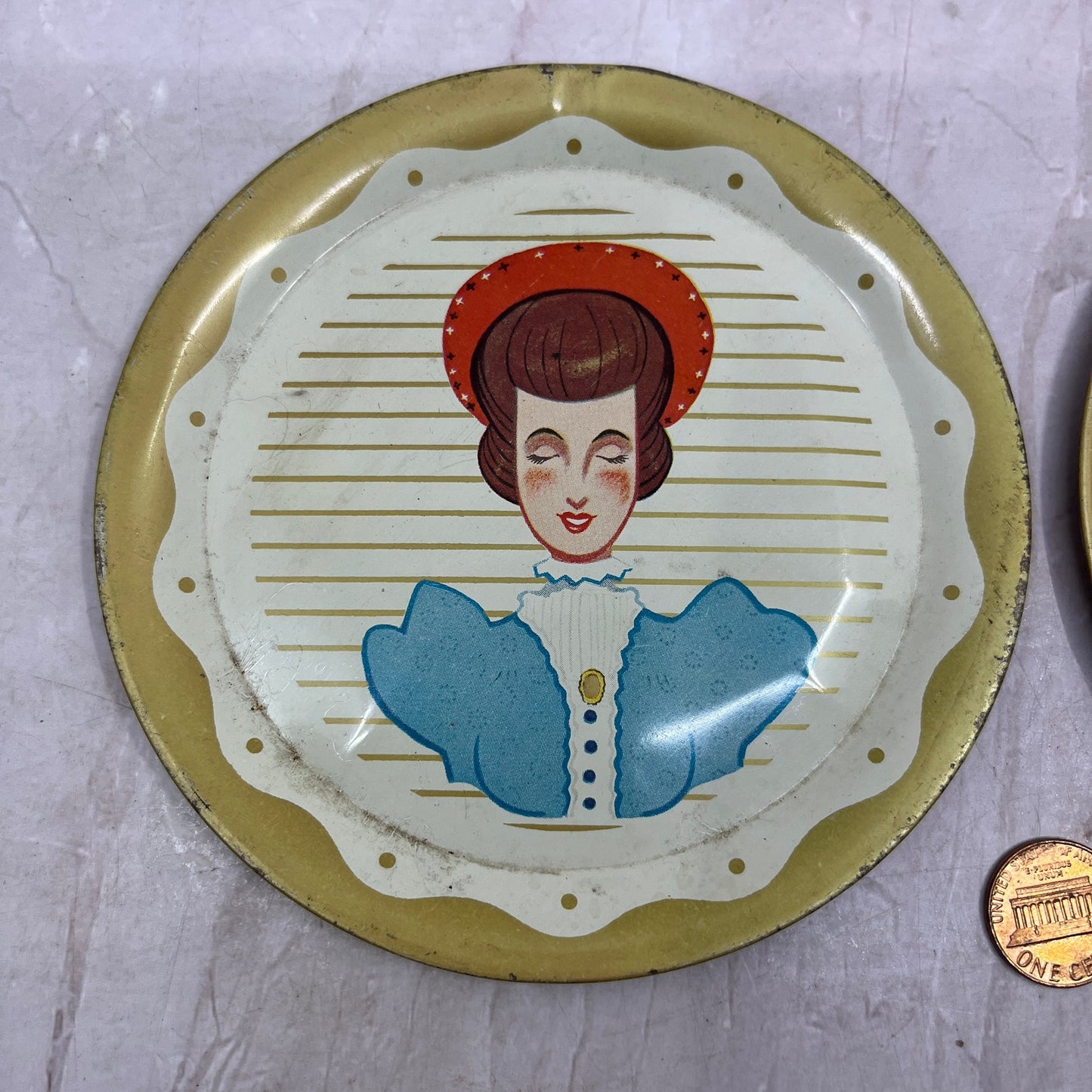 Retro Kitsch Tin Copper plates Victorian Man & Woman Handlebar Mustache 5" SF4