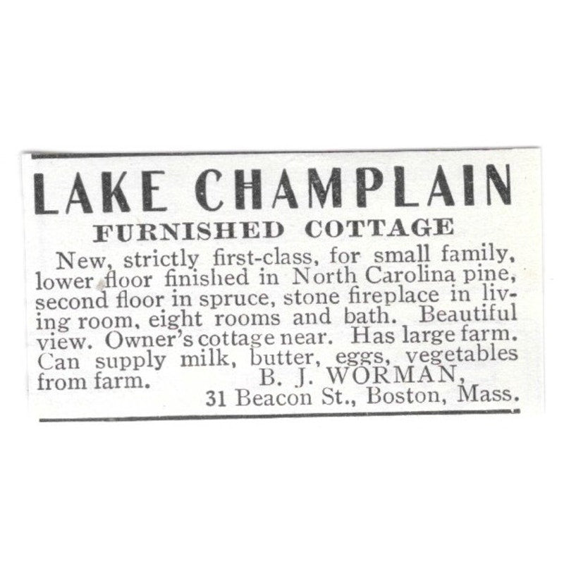 Lake Champlain Furnished Cottage B.J. Worman Boston MA 1903 Ad AF8-S35