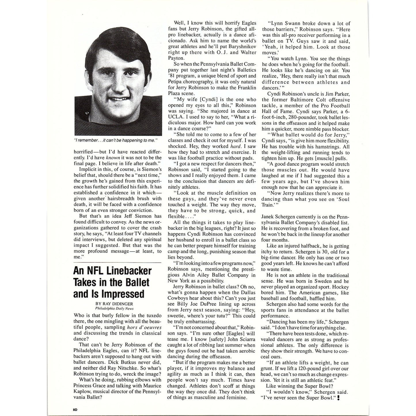 Vikings' Jeff Siemon Brush With Death Ed Karow Article 8x11" 1981 Ad D26