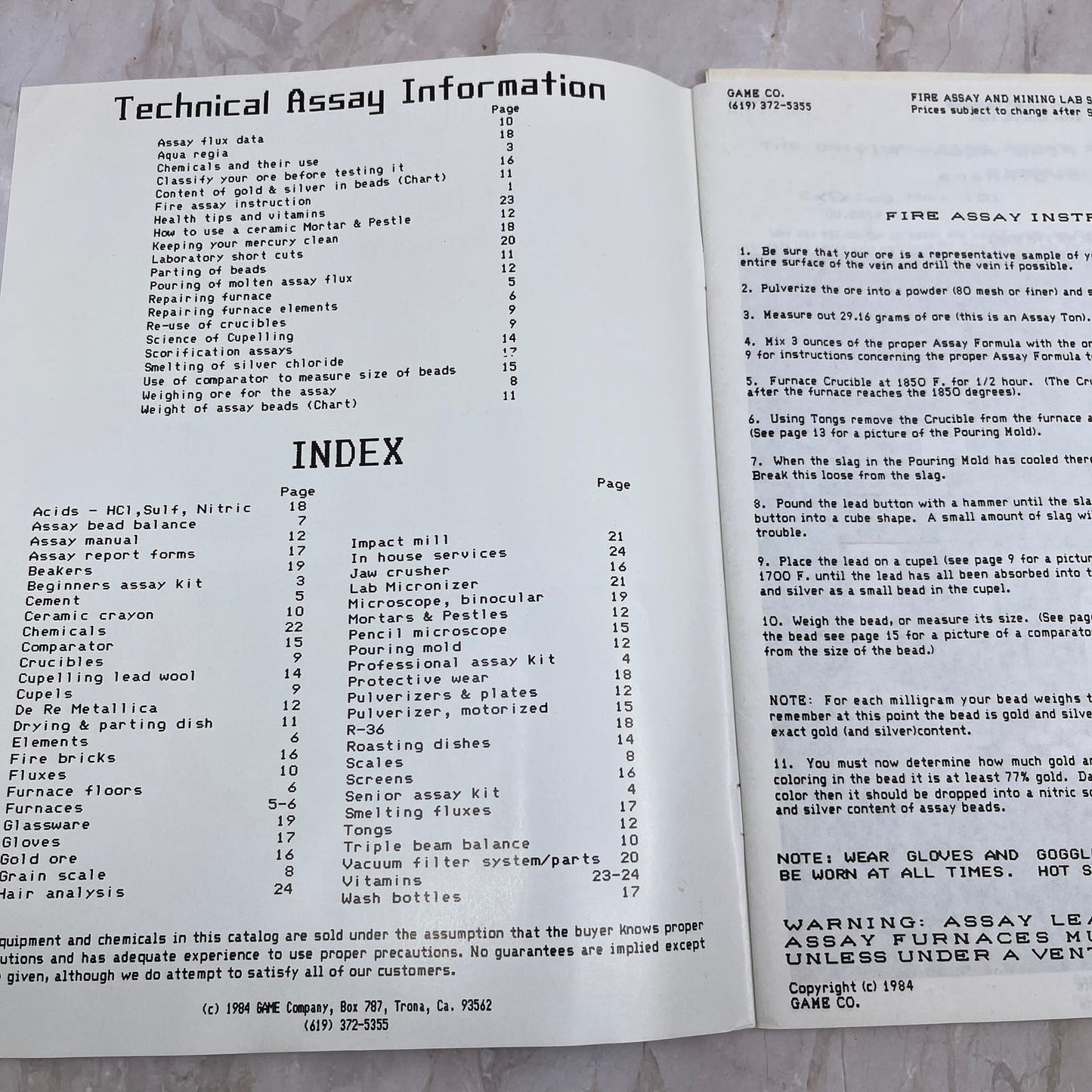 1984 Fire Assay Manual - Catalog of Laboratory Equipment Game Co. M11