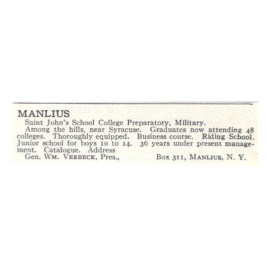Manlius Prep School Wm. Verbeck Manlius NY 1924 Magazine Ad AD8-O6