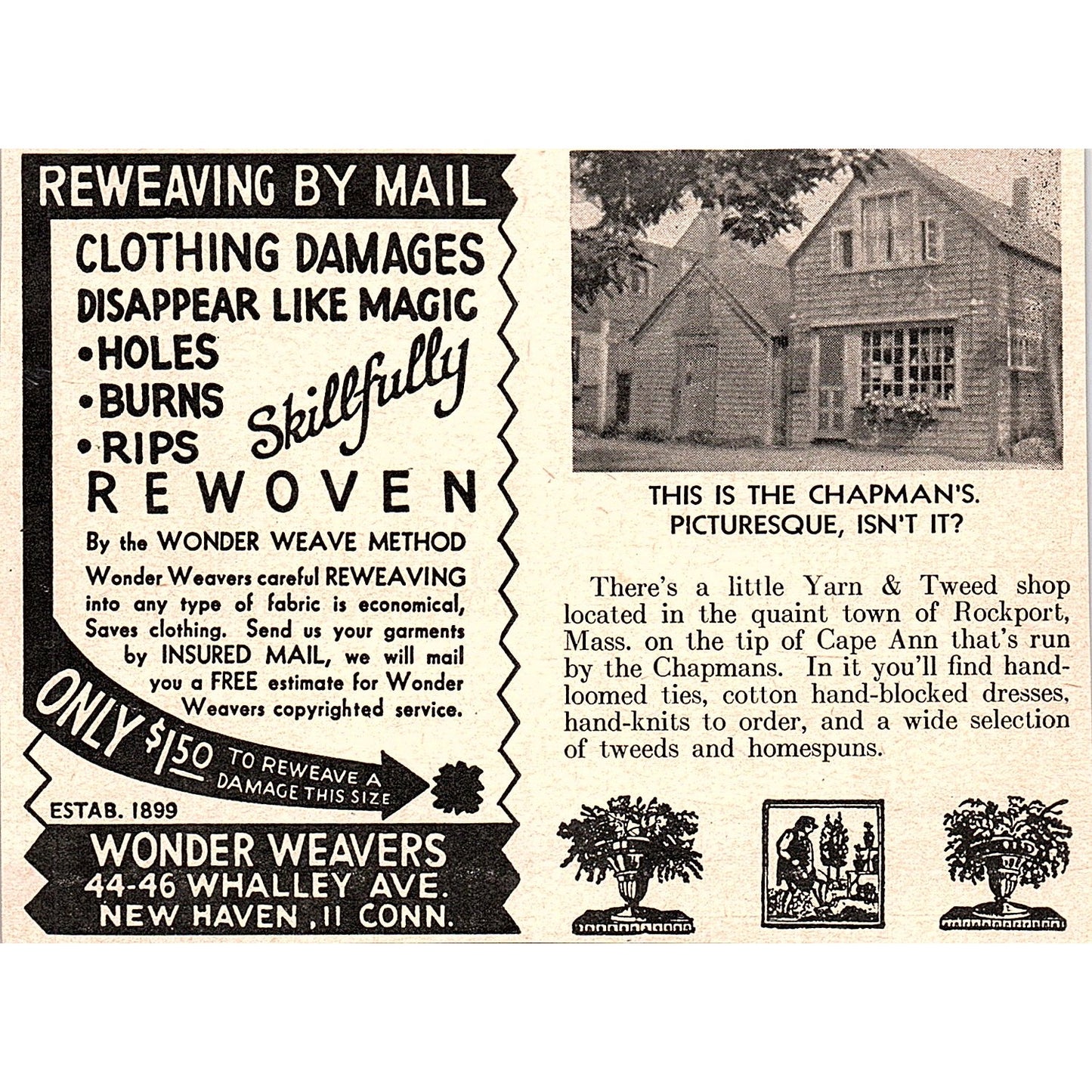Wonder Weavers Reweaving by Mail New Haven CT 1952 Yankee Magazine Ad SAG5-H8
