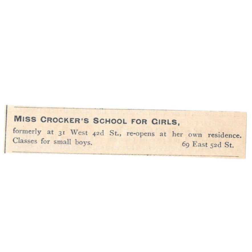 Miss Crocker's School for Girls East 3rd St. New York 1892 Magazine Ad AK6-S3