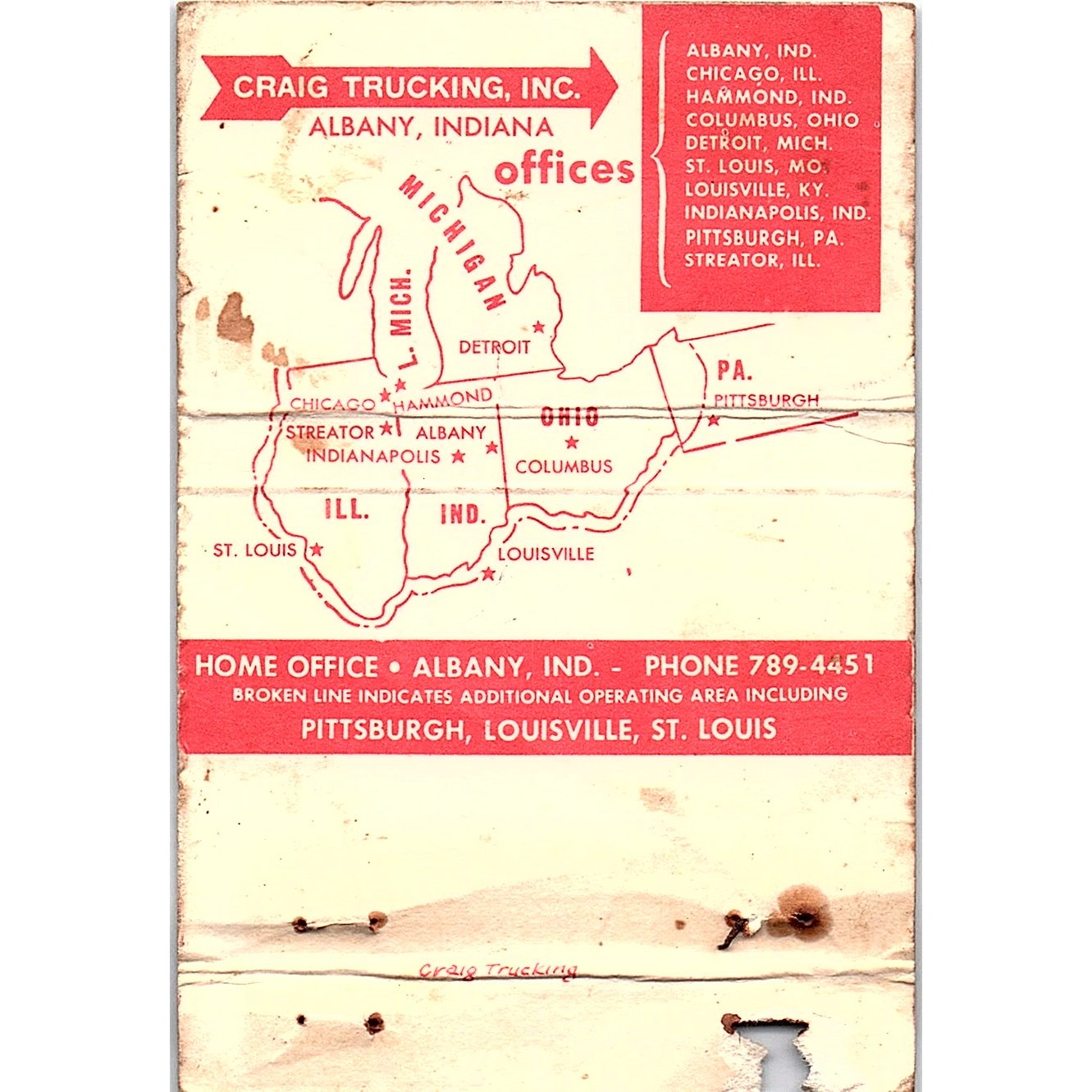 Craig Trucking Inc Albany Indiana Vintage Matchbook TB6-MB2-13