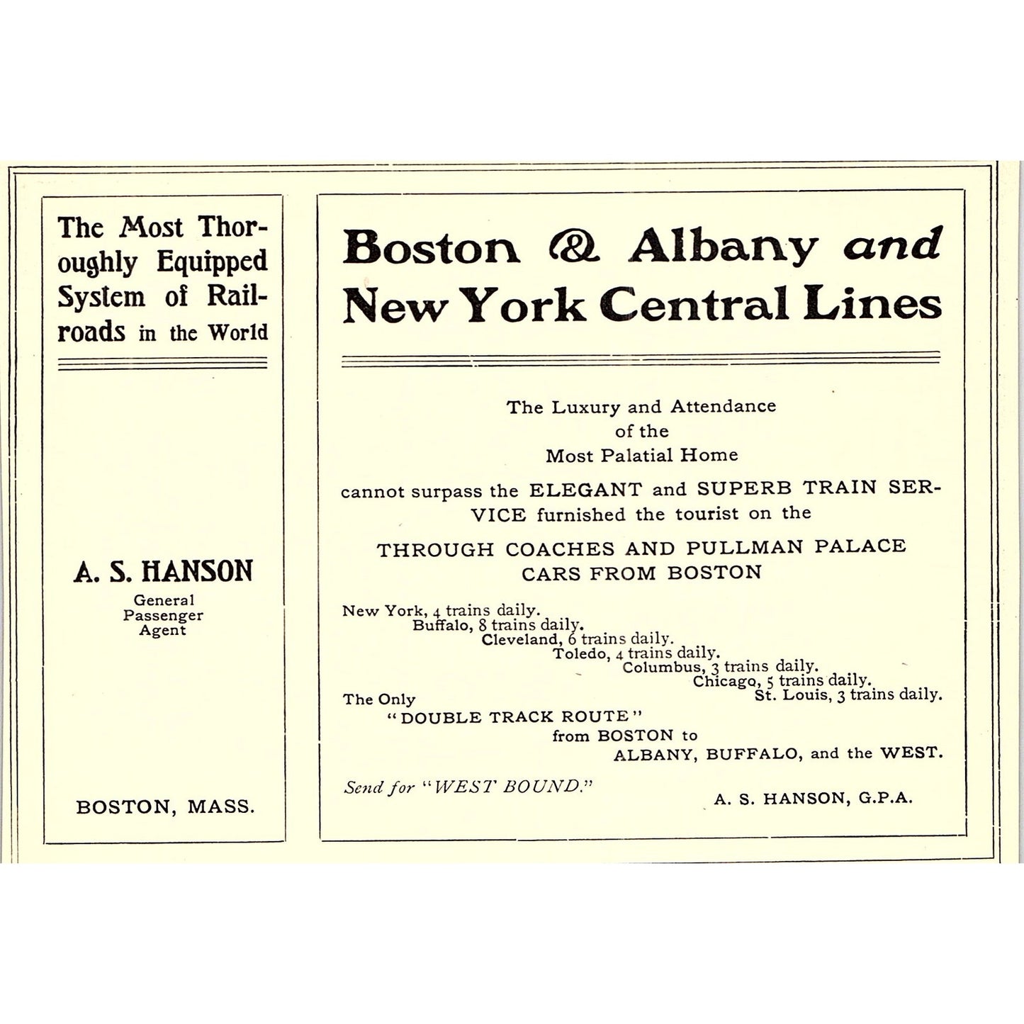 Boston & Albany and New York Central Lines A.S. Hanson - 1902 Ad AF4-13