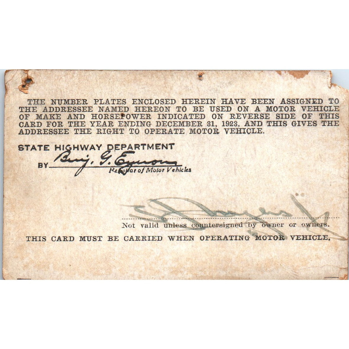 1923 Pennsylvania Ford Owner's License Card AF7-E3