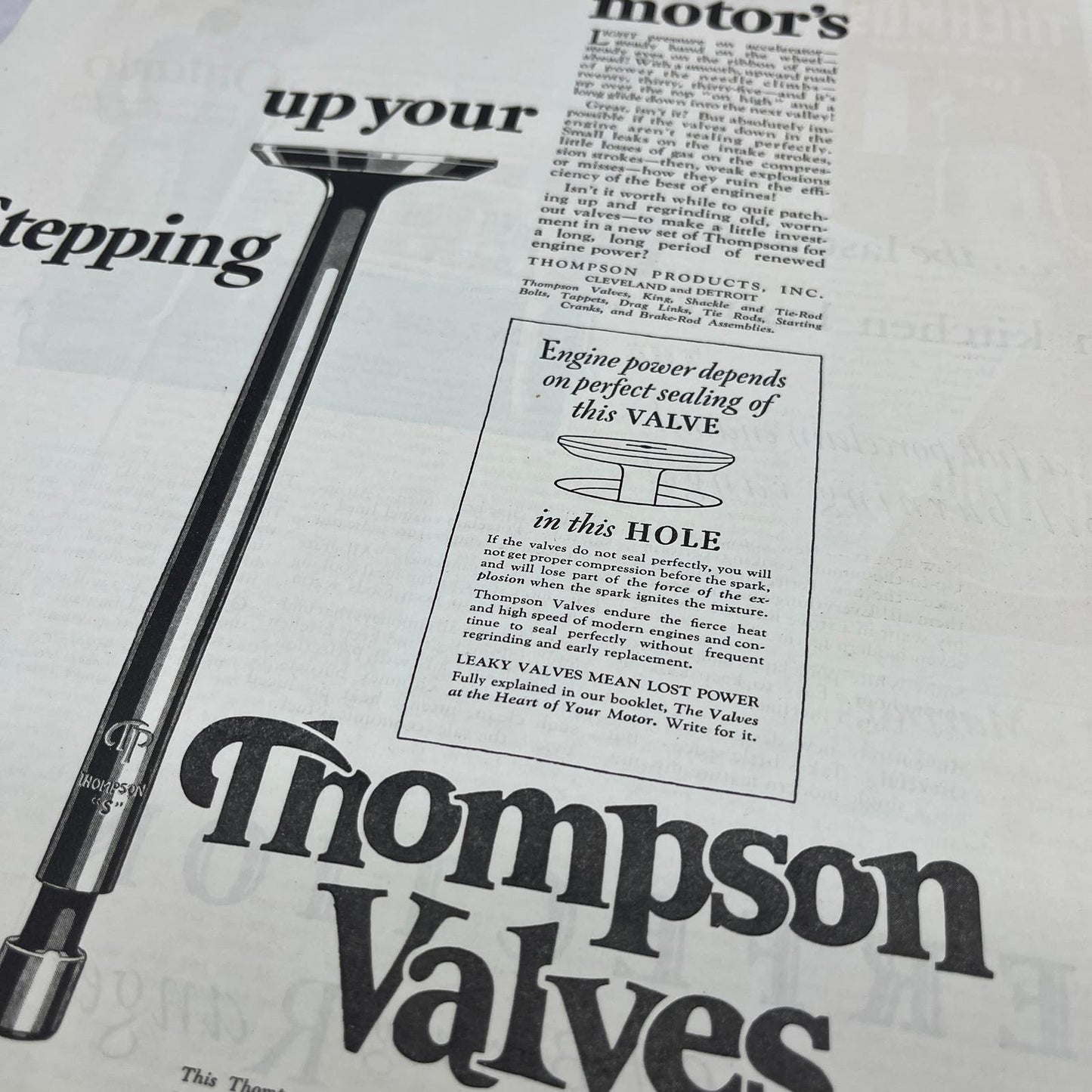 Thompson Auto Valves Cleveland Detroit 1928 Original Advertisement FL6-8