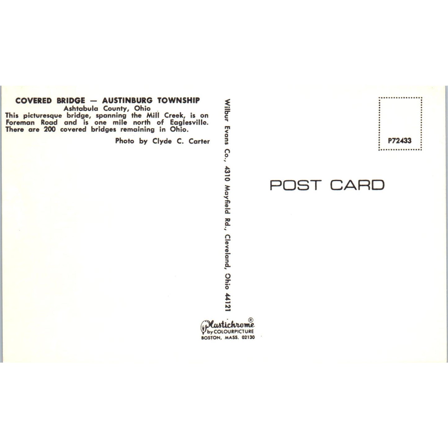 Austinburg Township Ashtabula County Ohio Covered Bridge Postcard PB12