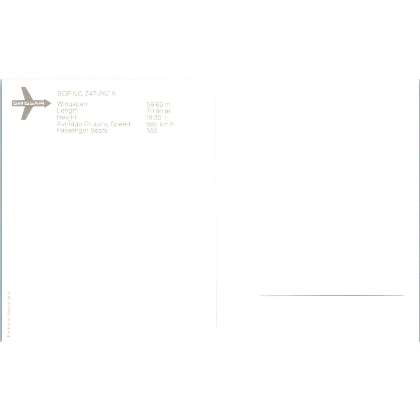 Swiss Air Boeing 747-257 B Vintage Postcard PC19