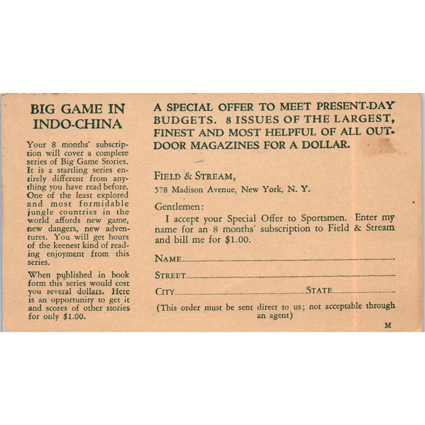 1930s Field and Stream Magazine Postal Mailing Card PE6