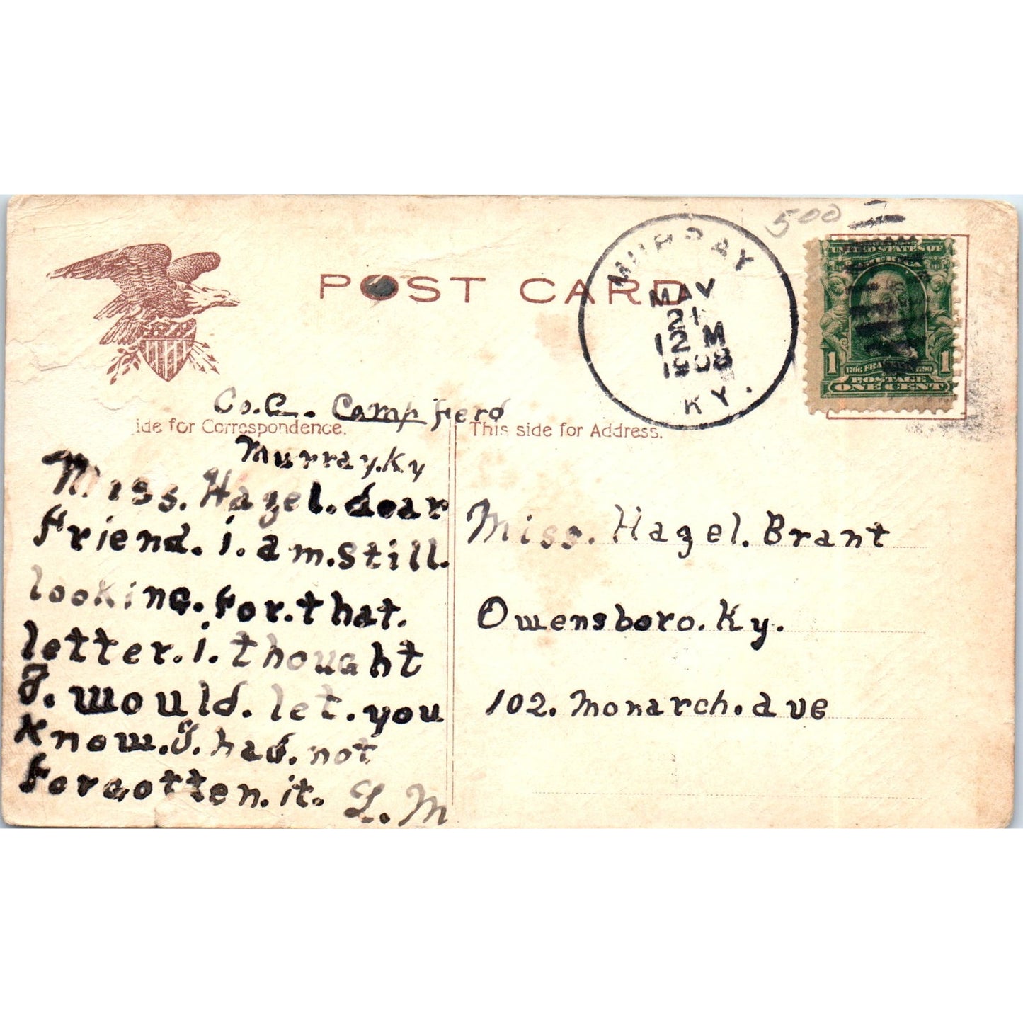 1908 Spanish American War Cavalry Patrol Murray KY Original Postcard PD2